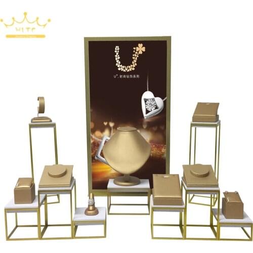 Gold PU Necklace Bracelet Ring Earrings Watch Organizer Exhibition Stand Fine Stainless Steel Window Counter Jewelry Showcase