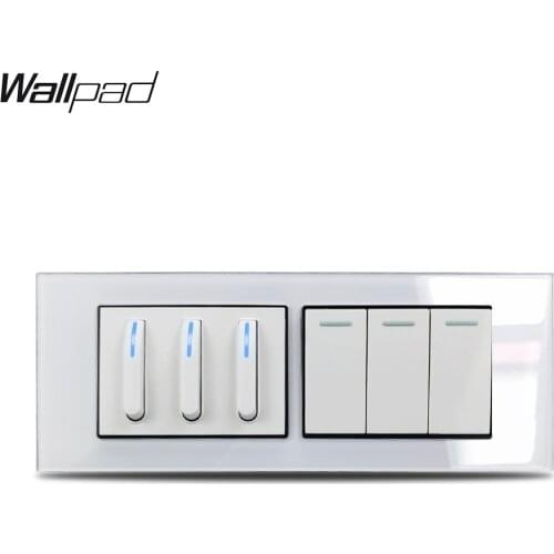 191*75mm 6 Gang Switch Wallpad L3 White Crystal Glass Panel 16A Piona Design 3 Gang Switch and 3 Gang Push Button Switch