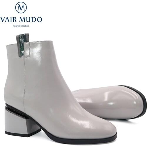 VAIR MUDO Ankle Boots Shoes High Heels Round Toe Comfortable Elegant Genuine Leather Gray Boot Female Concise Shoes Women DX66