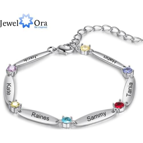 JewelOra Personalized 6 Inlaid Birthstones Name Engraved Bracelet Customized Mother Bracelet Exquisite Christmas Gift for Family