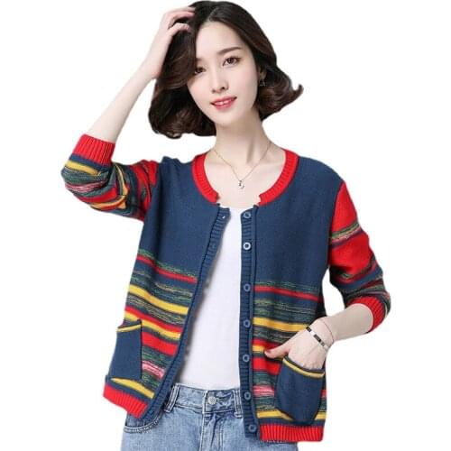 Cardigan Womens Short Knitwear Spring and Autumn 2021 New Large Size Color-blocking Thin Sweater Jacket All-match Shawl Top