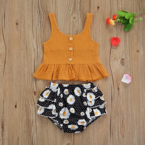 Toddler Baby Summer Casual 2pcs Outwear Clothes Cotton Short Sleeve Ruffles Tank Sling Tops+Daisy Printed Shorts Infant Clothing