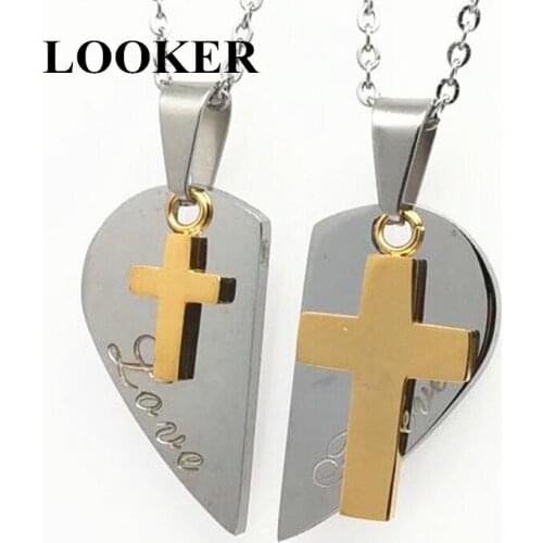 LOOKER Europe Fashion Titanium Steel His And Her Heart Cross Heart-Shaped Creative Couple Necklace Valentines Day Jewelry