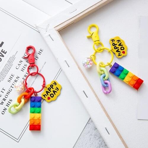 Cute Building Block Rainbow Bell Pink Keychain Pendant Decoration Bag Car Key Ring Cartoon Creative Party Gift Birthday Gift