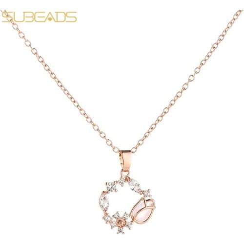 Fashion Romantic Heart Flower Pendant Necklace Zircon Rose Gold/Silver Color Necklace For Women Jewelry