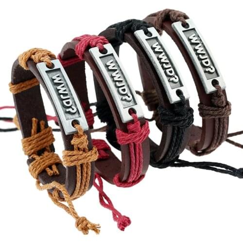 Fashion Bracelets Wrap Rope Alloy Letters Charm Cow Leather Bracelet Men Jewelry Handmade Wristband WWJD? in Rectangle Brown