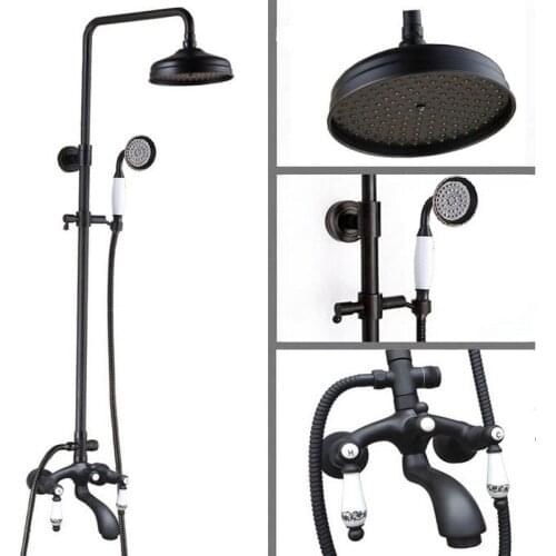 Black Oil Rubbed Bronze Wall Mounted Bathroom 8 Inch Rainfall Shower Faucet Set Bath Tub Water Tap Dual Ceramics Handles ahg132