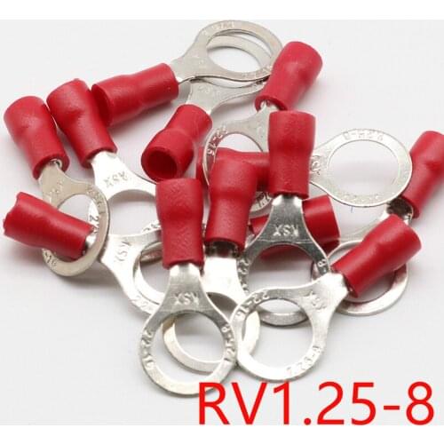 RV1.25-8 Red Circular 22-16 AWG 0.5-1.5mm2 Insulated Ring Terminal Connector Cable Wire Connector 100PCS/Pack RV1-8 RV