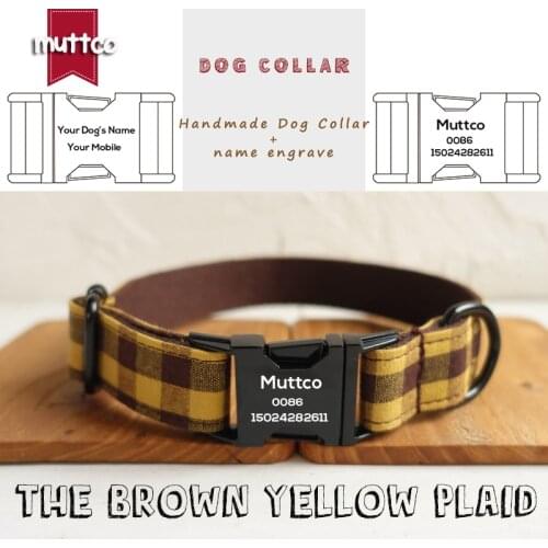 MUTTCO engraved pet collar individual customized necklace THE BROWN YELLOW PLAID flexible basic collar leash 5 sizes UDC067H
