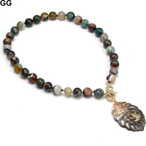 GG Jewelry Brown Green Faceted Agates Necklace Black Shell Carved Leaf Pendant Cz Pave Insect Handmade For Women