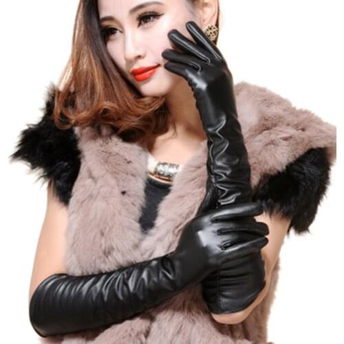 Sexy Women Winter Thin Long Full Finger Touch Screen Gloves 50cm Simulation Leather PU Pleated Sleeve Non-slip Warm Driving K52