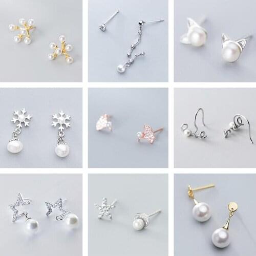 PONYKISS Romantic S925 Sterling Silver Animals Cat snowflake Zircon Pearl Stud Earrings Women Party Jewelry Minimlist Accessory