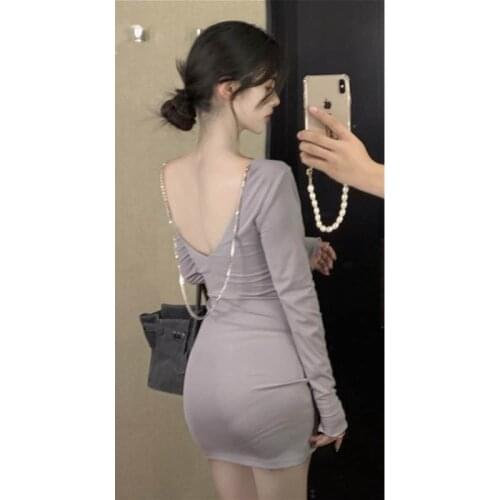 Real Shot 2020 New Fashion Womens Sexy Backless Autumn Tight Diamond Chain Slim Bag Hip Short Dress