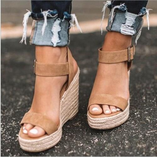 Akexiya Womens Sandals Summer New Open Toe Sandals Wedge Buckle Belt European American High Large Size Heel Womens Shoes