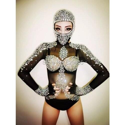 Sexy Long Sleeves Leotard Costumes Rhinestone Crystals Outfit Black Singer Bodysuit Dj Gauze Sparkling Diamond Party Dresses