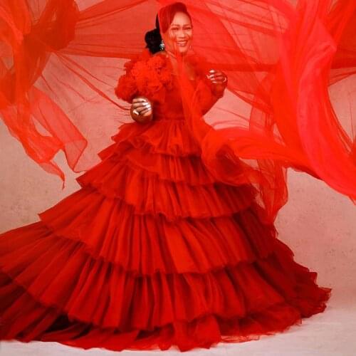 Pretty Red African Tulle Ball Gowns Puffy Ruffles Tiered Tulle Long Bridal Dress 3D Flower Aso Ebi Women Prom Gowns