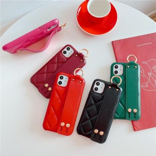 Lambskin pu leather quilted wristband cell phone case cover for iphone 11 pro max xs max xr xs x 7 8 plus