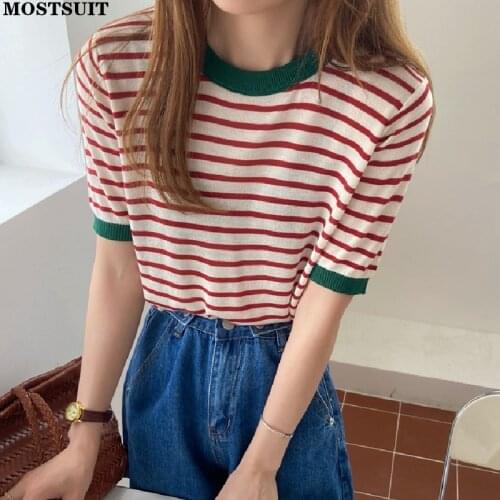 MERUBY Vintage Striped Knitted T-shirt Tops Women Short Sleeve O-neck Casual Fashion Tees Korean Female T Shirt Femme