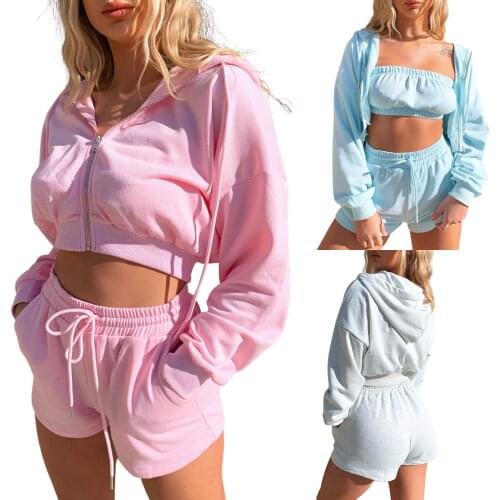 Women Three-piece Sports Clothes Set, Solid Color Hooded Jacket, Tube Tops and Shorts, Blue/ Pink/ Grey