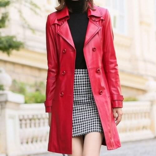 Office Ladies Long Genuine Leather Jacket Women Belted Slim Fit Double Breasted Sheepskin Trench Coat Military Army Windbreaker