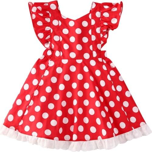 Girls Sweet Flying Sleeve Dress Summer Fashion Polka Dot Backless Bandage Korean Princess Dress