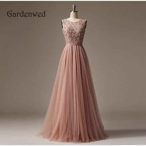 Gardenwed 2020 Nude Top Beaded Evening Dress Sheer Neckline Long Tulle A Line Formal Woman Gown Grid Bead Young Girl Prom Dress