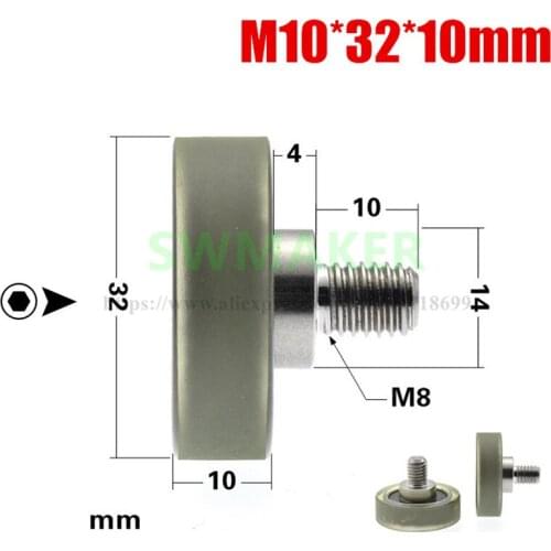 1pcs 10*32*10mm M10*32*10mm bearing pulley, rubber-coated wheel, flat roller,PU polyurethane soft rubber, conveyor belt conveyor