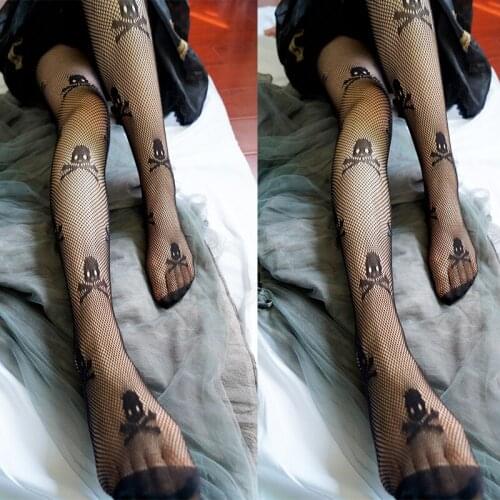 1 Pc Sexy Stay Up Thigh High Tights Fishnet Mesh Skull Print Punk Stretch Pantyhose for Women Accessories