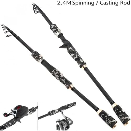 2.4m Gray Carbon Fiber Lure Fishing Rod Spinning Casting Rod 6 Section Telescopic Ultra Light Travel Fishing Pole Lure Tackle