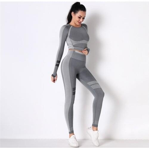 2PCS/Set Women Yoga Suits Sexy Women Sets Fitness Gym Sets Seamless Gym Suits High Waist Yoga Pants+Long Sleeve Top Running Sets