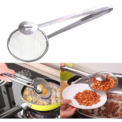 1pc Stainless Steel Oil Filter Tongs 2 In 1 Leakproof Anti-Skid Food Strainer Tong Mesh Strainer Cooking Tools Accessories