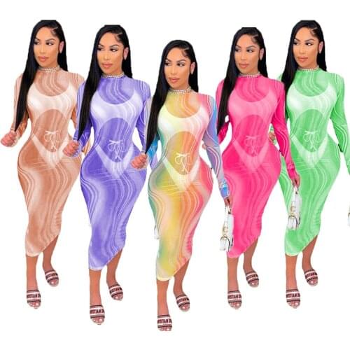 2021 New Personalized Rainbow Printing Long Sleeve Tight Sexy Perspective Mesh Bodycon Dress