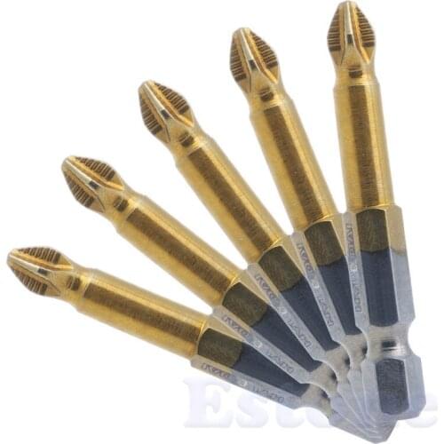 New 5Pcs Titanium Coated Hex Shank Anti Slip Electric Screwdriver Bits PH2 50mm m18