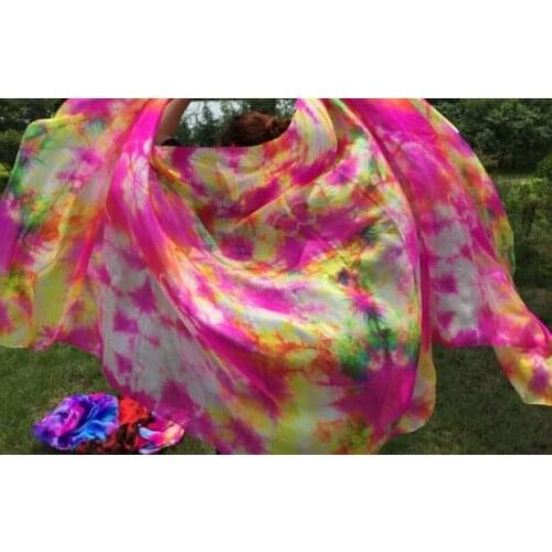 Free Shipping 100% Real Silk Belly Dance Silk Veils Tie Dyed Scarf Stage Performance Props 250*114cm Colorful Spring Flower