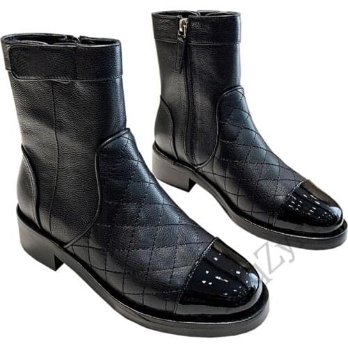 Italian Brand Designer Famous Buckle Strap Women Martin Boots High Quality Cowhide Leather Round Toe Zip Comfort Ankle Shoes