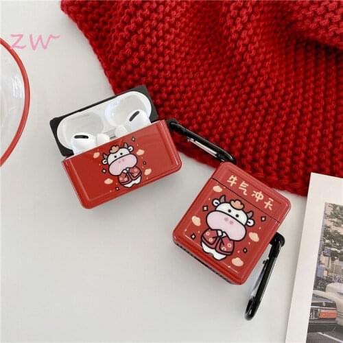 Print red cow 3d earphone case cute cartoon case for airpods 1 2 pro wireless bluetooth protective cover pendant with hook