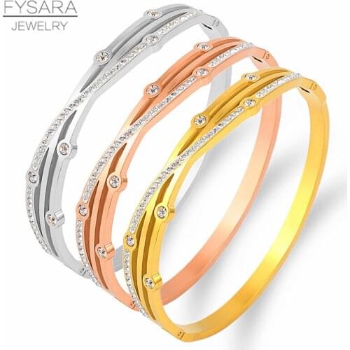 FYSARA Full Cubic Zirconia Geometry Bracelet Stainless Steel Wire Bracelets Gold Bangles For Women Jewelry Wedding Lover Gift