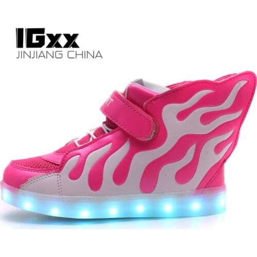 IGxx High Top Big Wing LED Light Up Shoes For Kids HooK&Loop USB Charging Glowing Shoes LED Child Luminous LED Sneakers Boys