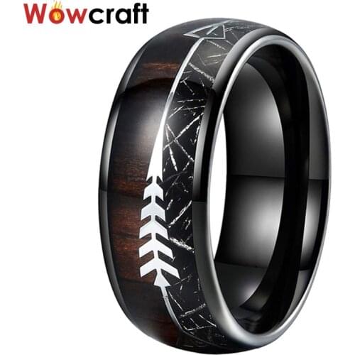8mm Black Meteorite Arrow Wood Tungsten Rings for Men Women Wedding Bands Domed Polished Shiny Nature Koa Wood inlay Comfort Fit