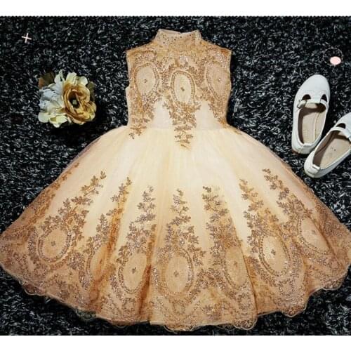 Gold Sequin Lace Baby Girl Dress Toddler Girl Christening Dress Sleeveless Infant 1 Year Birthday Baptism Dress Princess Costume