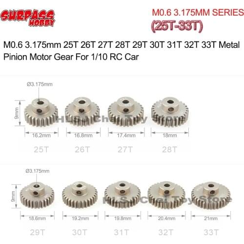 SURPASS HOBBY 1pcs M0.6 3.175mm 25T 26T 27T 28T 29T 30T 31T 32T 33T Metal Pinion Motor Gear for RC 1/10 Car Motor