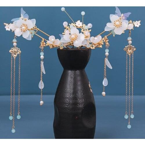 Long Fringed Hair Headdress Set with Earring Flower Design Handmade Traditional Chinese Style Hanfu Accessories MA