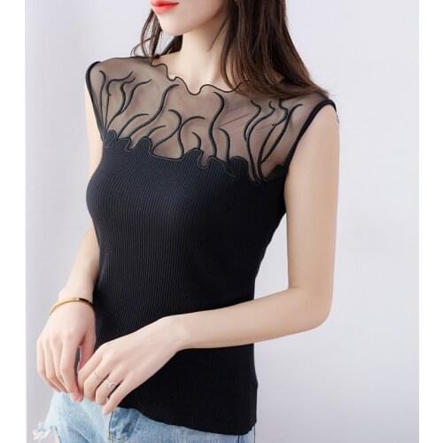 2021 new sweet embroidery net bottom shirt, stitching thread cotton vest women slim waistcoat