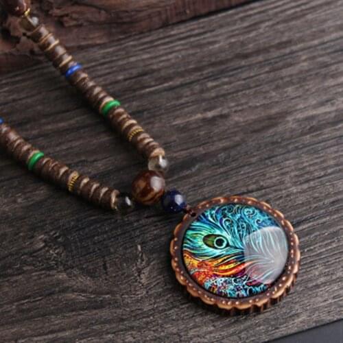 2020 New design fashion peacock feather ethnic necklace,Nepal jewelry handmade sandalwood long sweater vintage jewelry necklace