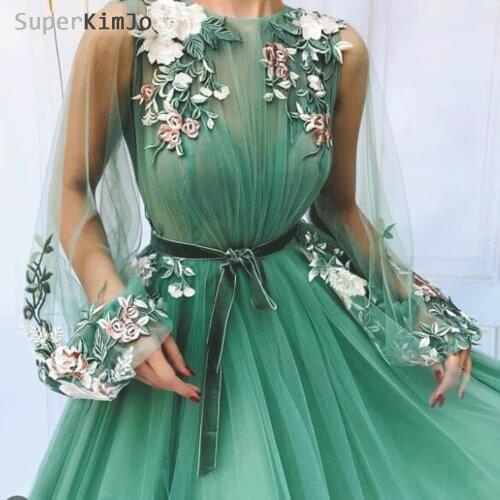 SuperKimJo Vestidos De Gala Flare Sleeve Green Prom Dresses 2020 Embroidery Applique Elegant Prom Gown Vestido De Gala