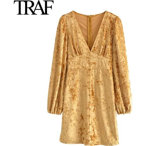 Traf Za Women Fashion Back Zipper Vintage Velvet Dress Autumn Winter V-neck Long Sleeve Dress Mini Dress Vestidos Mujer