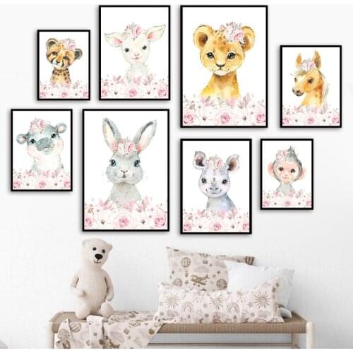 Nordic Poster Lion Rabbit Monkey Hippo Leopard Rhino Nursery Wall Art Print Canvas Painting Wall Picture Baby Girl Room Decor