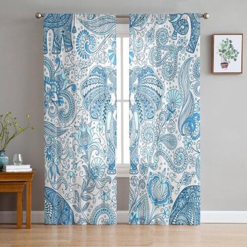 Elephant Texture Flowers Sheer Curtains for Living Room Bedroom Kitchen Tulle for Windows Voile Drapes Home Decoration