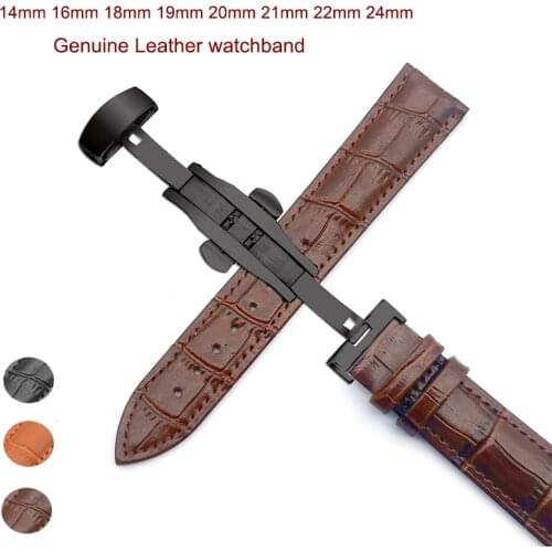 New Genuine Leather Watchbands 14-24mm Universal Watch Butterfly buckle Band Steel Buckle Strap Wrist Belt Bracelet + Tool