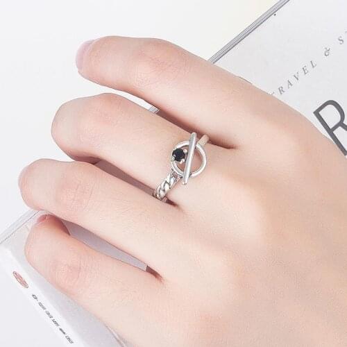 Luxury Fashion Black Cubic Zirconia Round 925 Sterling Silver Adjustable Ring For Women Men Unisex Delicate Jewelry